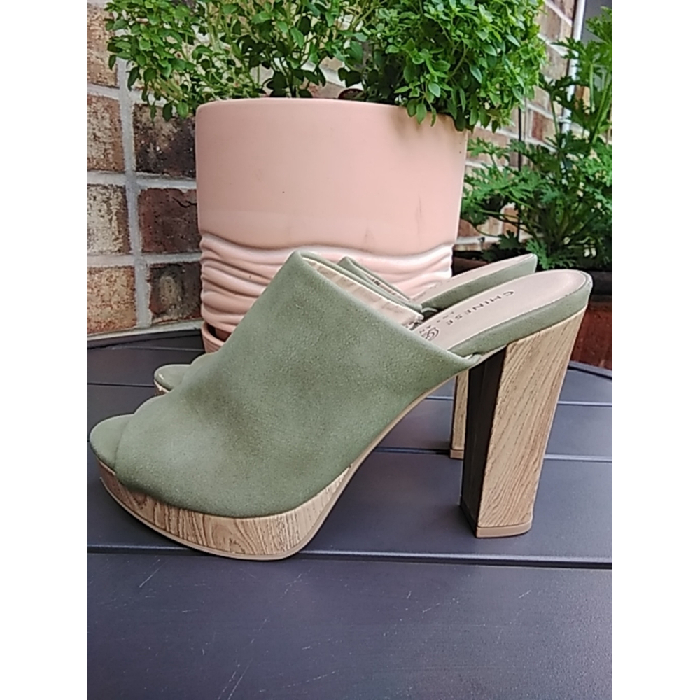Chinese Laundry Boho Green Healed Slide-On Mules Size 5.5 Festival Chic - Picture 4 of 13